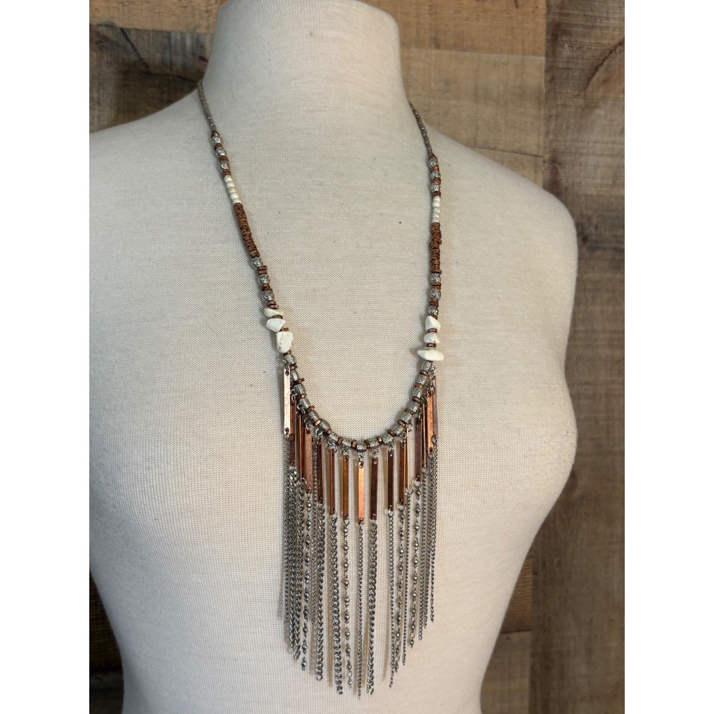 Boho Mixed Metal Fringe Statement Necklace Copper Silver Tone Stone Bib
